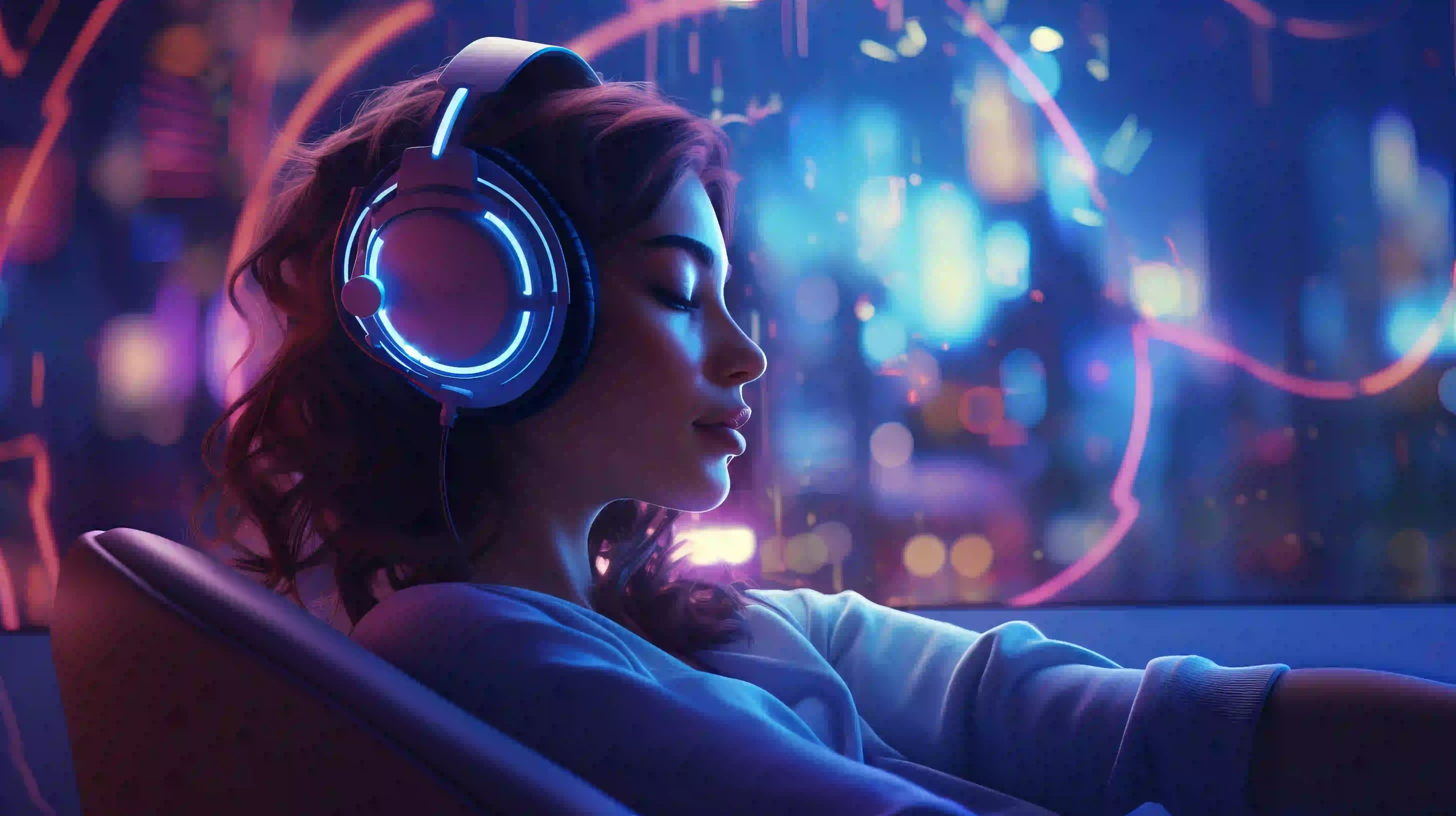 Futuristic person listening to music with headphones